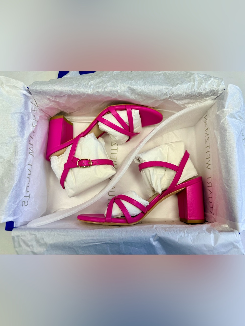 Stuart Weitzman 75MM Starla Leather Block Heel Sandals - Peonia Size 5 - Picture 7 of 9